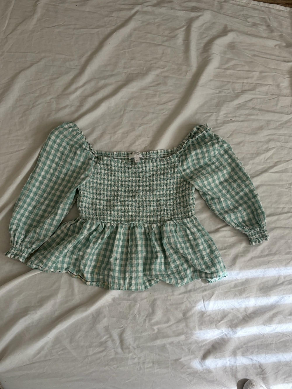 Morgan Taylor Mint Green Gingham Smocked Peplum Blouse